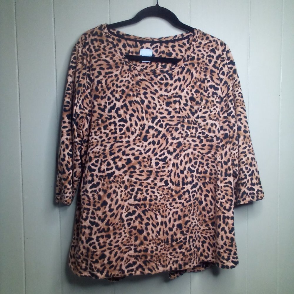 Chico's Blouse 2 L 3/4 Sleeve Animal Print Brown Black